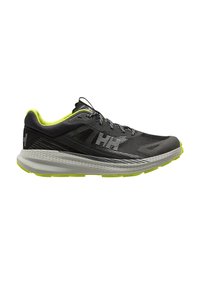 Zapatillas deportivas en malla negra y gris con acentos amarillos. Presentan una suela acolchada y una parte superior texturizada con un diseño de cordones.