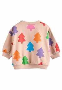Vaaleanbeige huppari, jossa on värikkäitä puumuotoja sinisessä, vihreässä, oranssissa, vaaleanpunaisessa ja violetissa. Varusteltu ribbauskauluksella ja hihojen trimmaamalla, rento leikkaus.