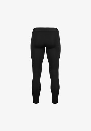 Black activewear leggings featuring a smooth, stretchy fabric, fitted design, and side pockets for storage.