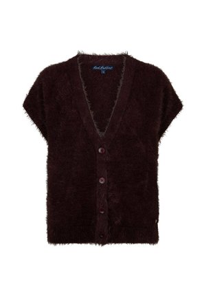 Donkerbruine pluizige korte mouwen cardigan met V-hals en vier knopen aan de voorkant op een effen witte achtergrond.