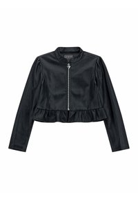 Czarna krótka kurtka z gładkiej sztucznej skóry, z zamkiem błyskawicznym, falbaną u dołu i bufkami na rękawach oraz okrągłym kołnierzem.