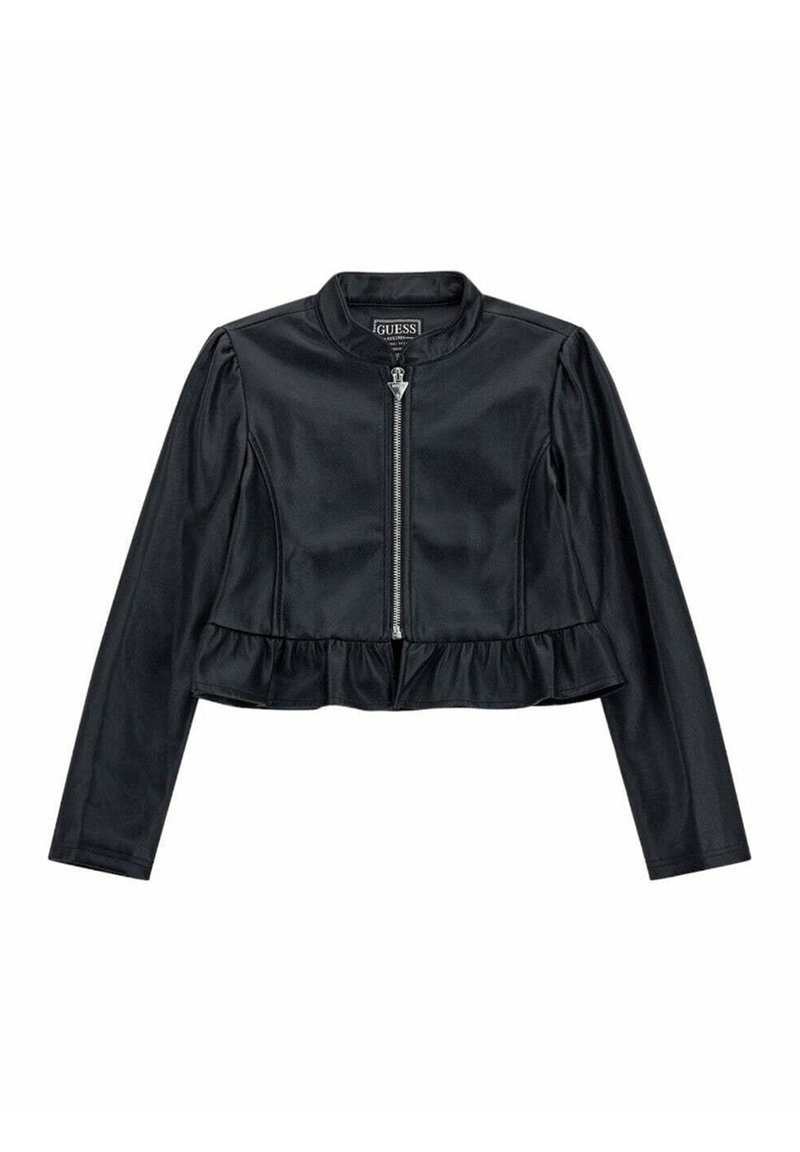 Czarna krótka kurtka z gładkiej sztucznej skóry, z zamkiem błyskawicznym, falbaną u dołu i bufkami na rękawach oraz okrągłym kołnierzem.