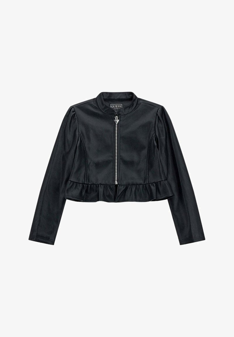 Czarna krótka kurtka z gładkiej sztucznej skóry, z zamkiem błyskawicznym, falbaną u dołu i bufkami na rękawach oraz okrągłym kołnierzem.