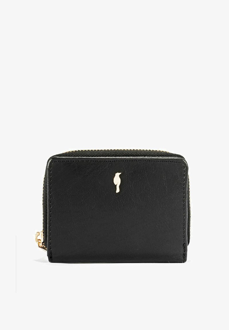 Czarny skórzany portfel z złotym zamkiem i małym złotym emblematem ptaka z przodu, zaprezentowany na białym tle.