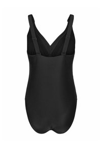 Maillot de bain noir avec des bretelles réglables, un décolleté en V profond et un tissu lisse et extensible. Dispose d'une coupe ajustée et d'une couverture complète.