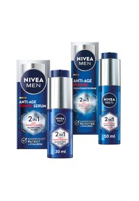 NIVEA MEN anti-age skincare products in blue packaging. Includes a 30 ml serum and two cream bottles (50 ml) with silver accents.