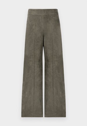 Pantalons larges taille haute en velours côtelé vert olive atténué avec une texture de rayures verticales et une taille lisse.