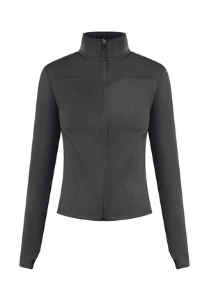 Schwarze Zip-Jacke aus glattem, dehnbarem Stoff. Mit hohem Kragen, langen Ärmeln und dezenten, geschwungenen Nahtdetails.