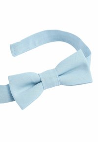 Papion albastru deschis din material texturat, cu o formă clasică de fundă, având o bandă mijlocie netedă și o curea reglabilă pentru gât.