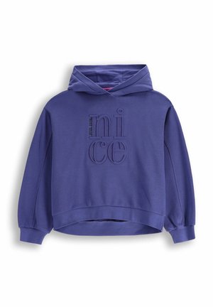 Fioletowa bluza z kapturem z kangurzą kieszenią z przodu, luźny krój, ściągacze przy rękawach oraz teksturowane logo "nice". Miękka tkanina i casualowy wygląd.