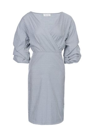 Striped dress in blue and white cotton, featuring a deep V-neck, voluminous sleeves, and a fitted waist, mid-length design.