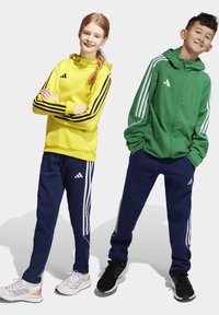gele hoodie met zwarte strepen, groene ritsshirt met witte accenten, marineblauwe broek met drie strepen en sportschoenen in het wit en zwart.