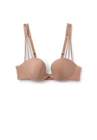 Beżowy usztywniany biustonosz z podwójnymi ramiączkami po każdej stronie, gładkimi miseczkami i centralnym zapięciem na przodzie na białym tle.