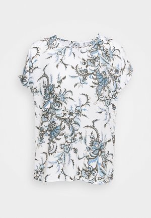 Kurzarmpbluse aus weißem Stoff mit einem blau-schwarzen Blumenmuster, runden Ausschnitt und lockerer Passform.