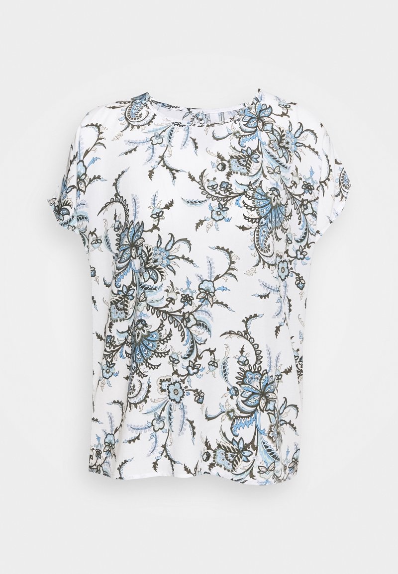 Blusa a maniche corte in tessuto bianco, con motivo floreale blu e nero, scollo rotondo e vestibilità comoda.