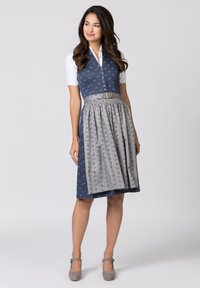 Traditional dress with a dark blue bodice, white shirt, and gray patterned skirt. Features a decorative belt and knee-length hem.