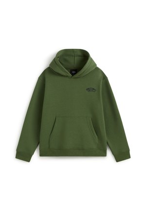 Zielona bluza z kapturem z przednią kieszenią kangura i małym logo Vans "Off The Wall" na lewej piersi.