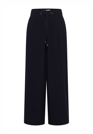 Zwarte broek met wijde pijpen, elastische tailleband en trekkoord, gemaakt van lichtgewicht stof, ontworpen voor casual gebruik.