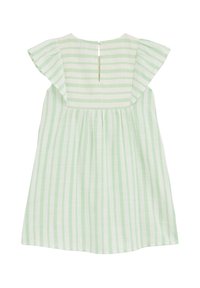 Green and white striped dress with short flutter sleeves, back button closure, and gathered skirt design. Soft fabric texture.