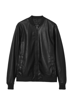 Black leather bomber jacket with a smooth texture, ribbed cuffs and hem, front zip closure, and side pockets. Simple, classic design.