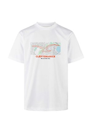 White cotton t-shirt featuring a map graphic with red and green accents. Text reads "CLEPTOMANICX" above "We run this city."