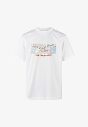 White cotton t-shirt featuring a map graphic with red and green accents. Text reads "CLEPTOMANICX" above "We run this city."