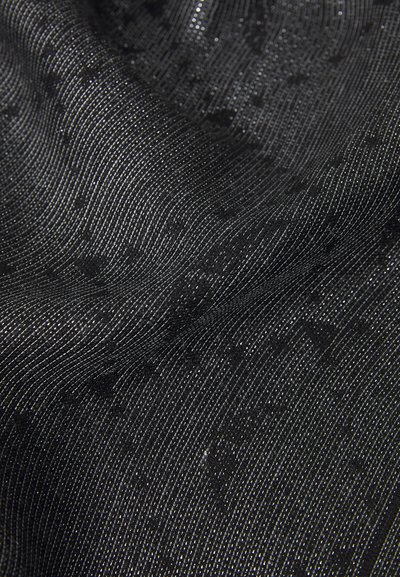 Black fabric featuring a textured pattern with subtle metallic threads; smooth surface with fine horizontal lines and small raised accents.