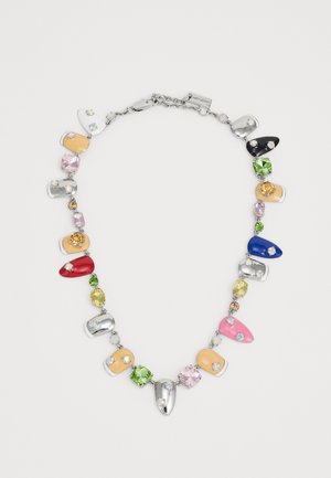 Colorful necklace featuring assorted resin nail designs in red, blue, yellow, and pink, interspersed with various gemstones and silver accents.