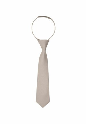 Beige tekstureret clip-on slips med forhåndsbundet knude og justerbar strop på hvid baggrund.