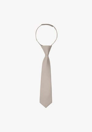 Beige tekstureret clip-on slips med forhåndsbundet knude og justerbar strop på hvid baggrund.
