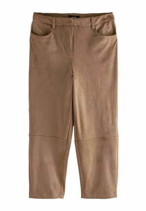 Brown faux suede trousers with a smooth texture, featuring two front pockets, a zip fly, and a straight leg design.