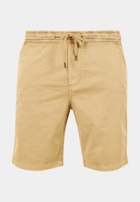 Shorts beiges décontractés avec une taille élastique, cordon de serrage, poches latérales et ourlet cousu, conçus pour le confort et un usage quotidien.