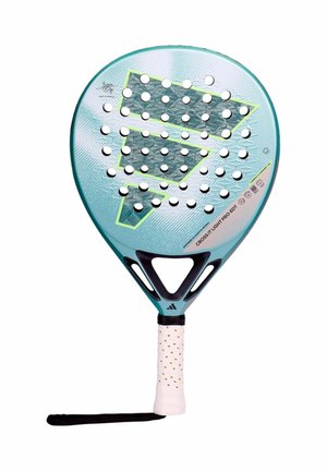 Blauer und schwarzer Padel-Schläger mit runden Löchern, weißem Griff und Handgelenksriemen, gebrandet mit dem Adidas-Logo und dem Text "Crossfit Light Pro-EDT".