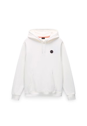 Sweat à capuche blanc avec poche avant, cordon de serrage à la capuche et petit logo rond noir sur la poitrine gauche.