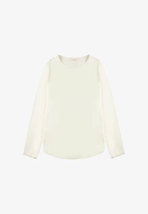 Blusa a maniche lunghe di color avorio, con scollatura rotonda, texture liscia e orlo leggermente curvo. Design pulito, senza motivi o dettagli.