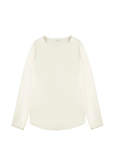 Langärmlige Bluse in Off-White mit rundem Ausschnitt, glatter Textur und leicht abgerundetem Saum. Klarer Design, ohne Muster oder Akzente.
