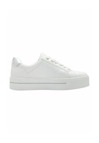 White sneakers with a smooth leather upper, round toe, and flat, textured sole featuring a subtle silver accent at the heel.