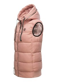 Rosa pufferväst med huva, tillverkad av glänsande material, med dragkedjestängning, ikonisk logobroderi och ribbstickad nederkant.