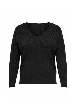 Črni pulover z pletenim vzorcem in V-izrezom, ki ima majhno rdečo srce na levi prsni strani. Mehka tekstura in dolgi rokavi.