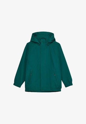 Blågrøn vandtæt jakke med hætte, elastiske manchetter, to forlommer og lynlåslukning. Glat stof med mat finish.