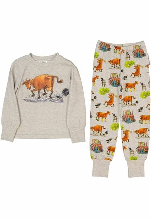 Harmaa puuvillainen pyjama, jossa on pitkähihainen paita, jossa on lehmän kuvitus, ja housut, joissa on maatilan eläinten ja traktorin kuvio.