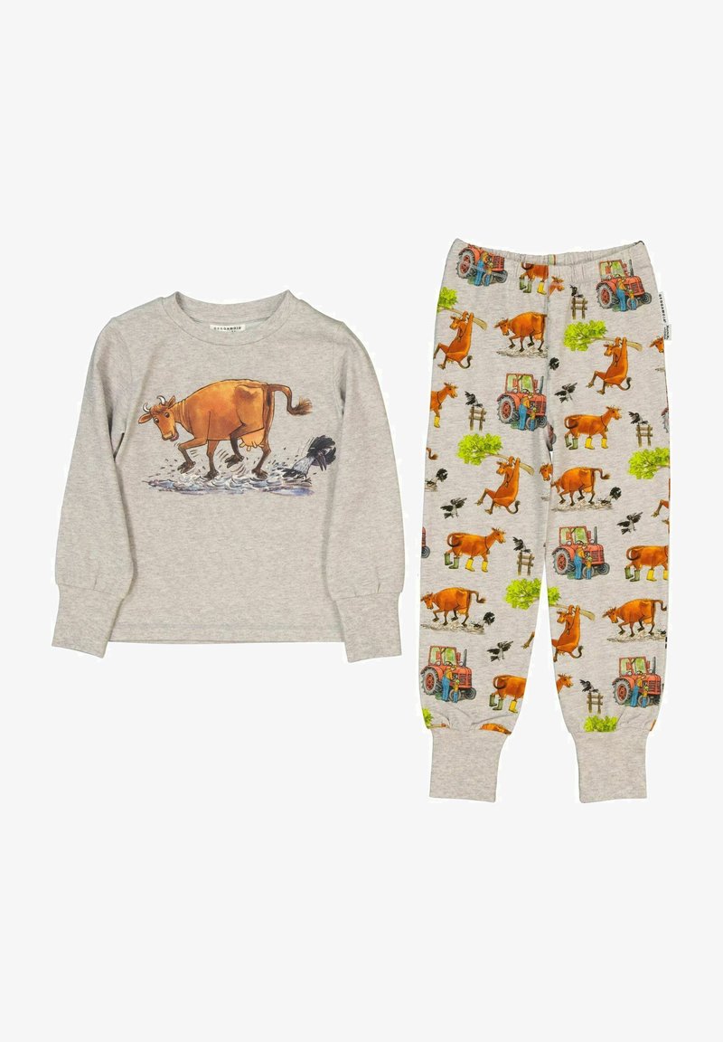 Harmaa puuvillainen pyjama, jossa on pitkähihainen paita, jossa on lehmän kuvitus, ja housut, joissa on maatilan eläinten ja traktorin kuvio.