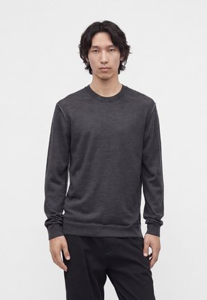 Ung mand med mellemlangt hår iført en mørkegrå langærmet sweater og sorte bukser, stående mod en ensfarvet hvid baggrund.