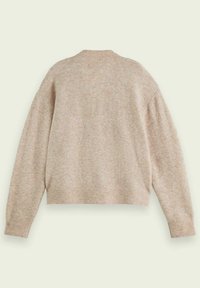 Beige, korte sweater met een textuurafwerking, geribbelde hals en manchetten. Losvallende mouwen en minimale details op de achterkant.
