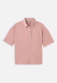 Rosa Kurzarm-Polohemd mit kragenfreiem Halsausschnitt und einer Vierknopf-Leiste. Hergestellt aus glattem Baumwollstoff, mit lockerer Passform.