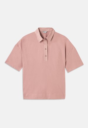 Rosa kortermet polo skjorte med kragehals og fire knappelukking. Laget av glatt bomullsstoff, med en avslappet passform.