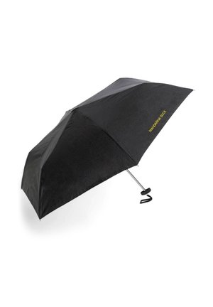 Parapluie compact noir avec une poignée courbée et un logo "MANDARINA DUCK" jaune sur un panneau, ouvert sur fond blanc.