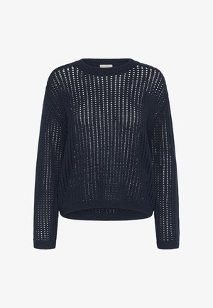 Suéter de punto azul marino con un patrón de tejido abierto, cuello redondo y mangas largas de corte relajado con puños acanalados.