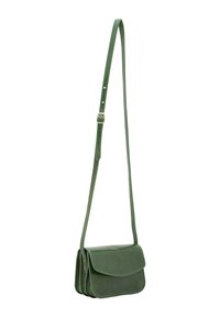 Borsa a tracolla verde in pelle con una superficie liscia, tracolla regolabile e chiusura con patta. Presenta doppie tasche e accessori in tonalità argento.