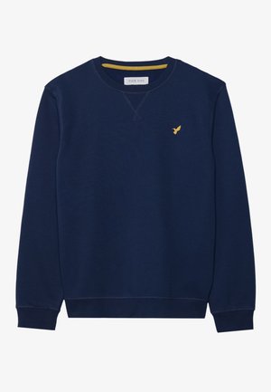 Navy blue sweatshirt with a crew neck, ribbed cuffs, and hem. Features a small yellow bird emblem on the chest and a contrasting yellow interior neckline.